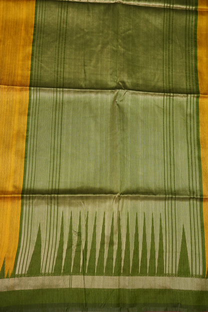 Semi Raw Silk Saree with Temple Border & Tissue Pallu – Mustard Yellow & Olive Green
