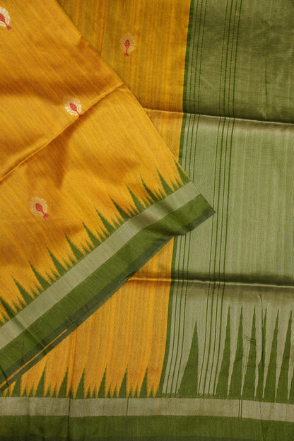 Semi Raw Silk Saree with Temple Border & Tissue Pallu – Mustard Yellow & Olive Green