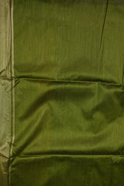 Semi Raw Silk Saree with Temple Border & Tissue Pallu – Mustard Yellow & Olive Green