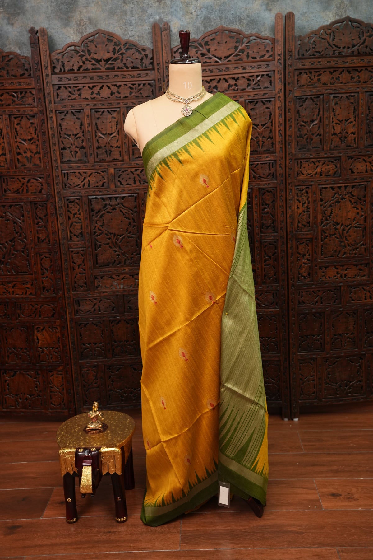 Semi Raw Silk Saree with Temple Border & Tissue Pallu – Mustard Yellow & Olive Green