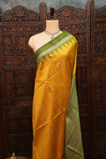 Semi Raw Silk Saree with Temple Border & Tissue Pallu – Mustard Yellow & Olive Green