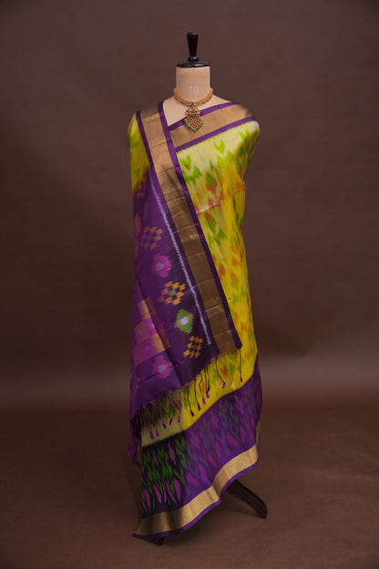 Pure Ikkat Soft Silk Saree - Purple & Yellow