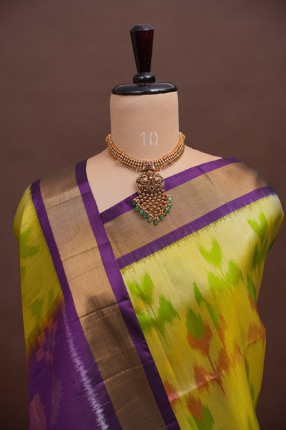 Pure Ikkat Soft Silk Saree - Purple & Yellow