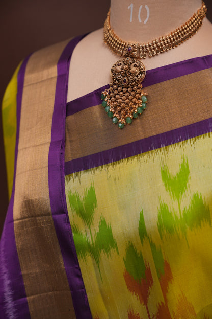 Pure Ikkat Soft Silk Saree - Purple & Yellow