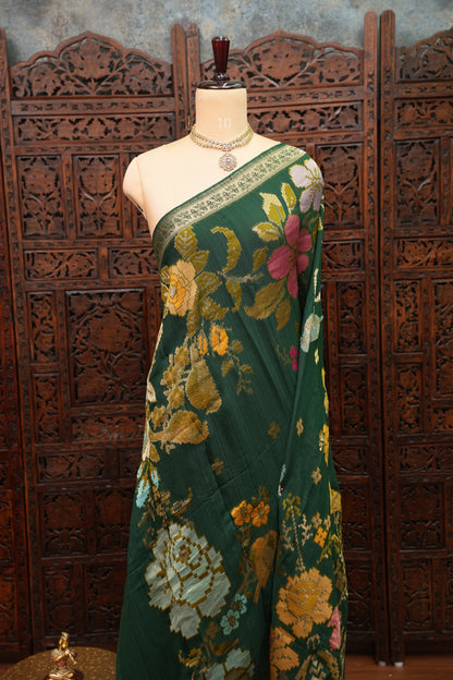 Soft Matka Banarasi Saree with Needle Design Work – Forest Green