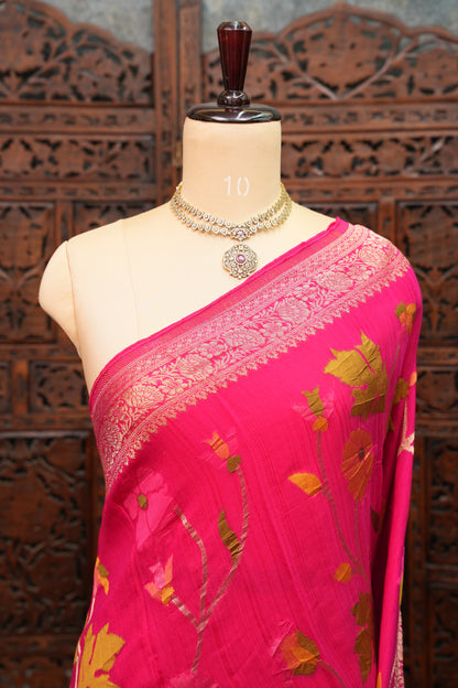 Soft Matka Banarasi Saree with Needle design work | Pink