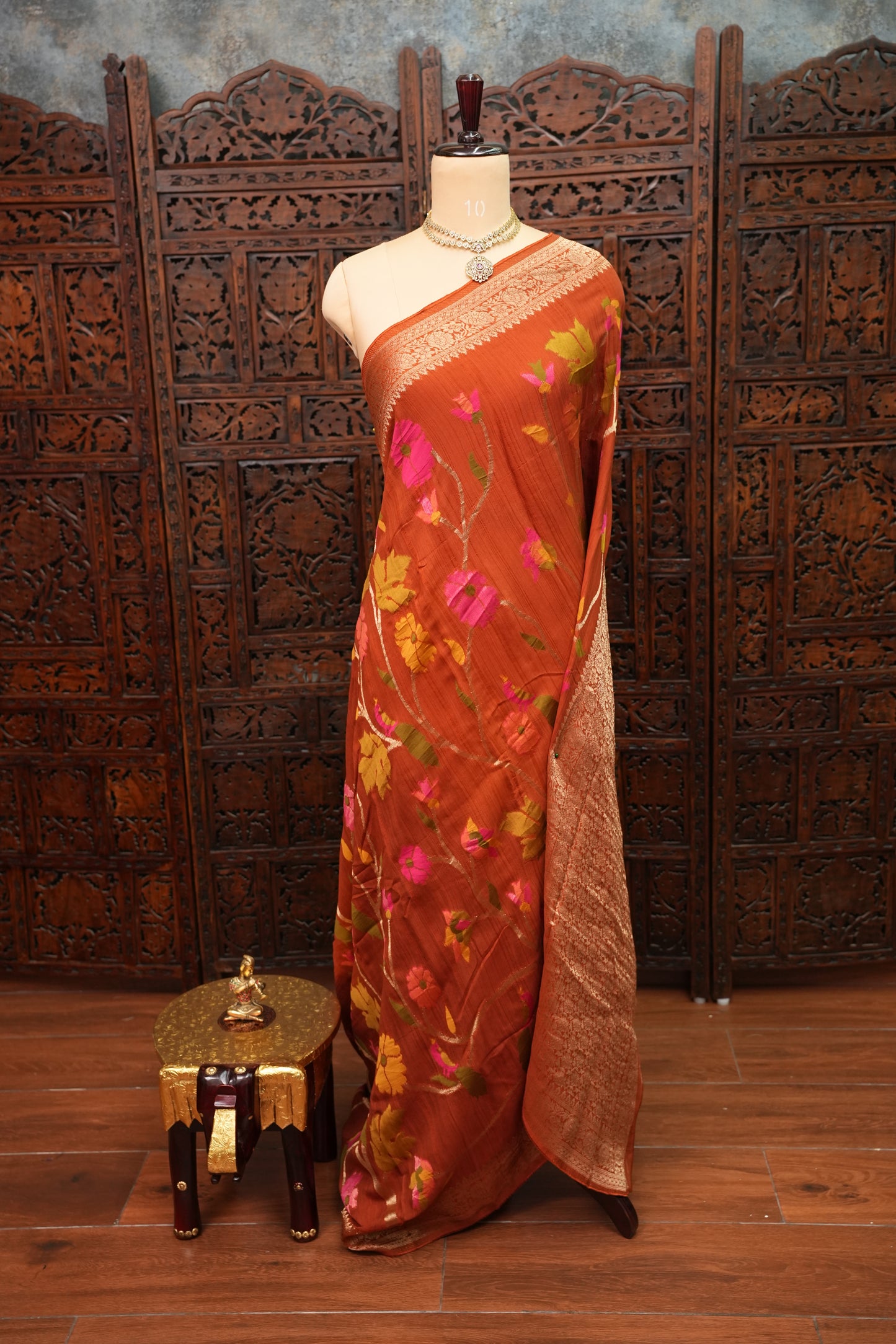 Soft Matka Banarasi Saree with Needle Design Work – Rust Orange