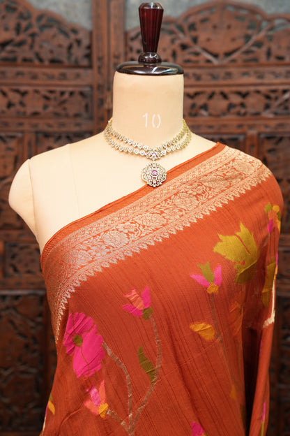 Soft Matka Banarasi Saree with Needle Design Work – Rust Orange