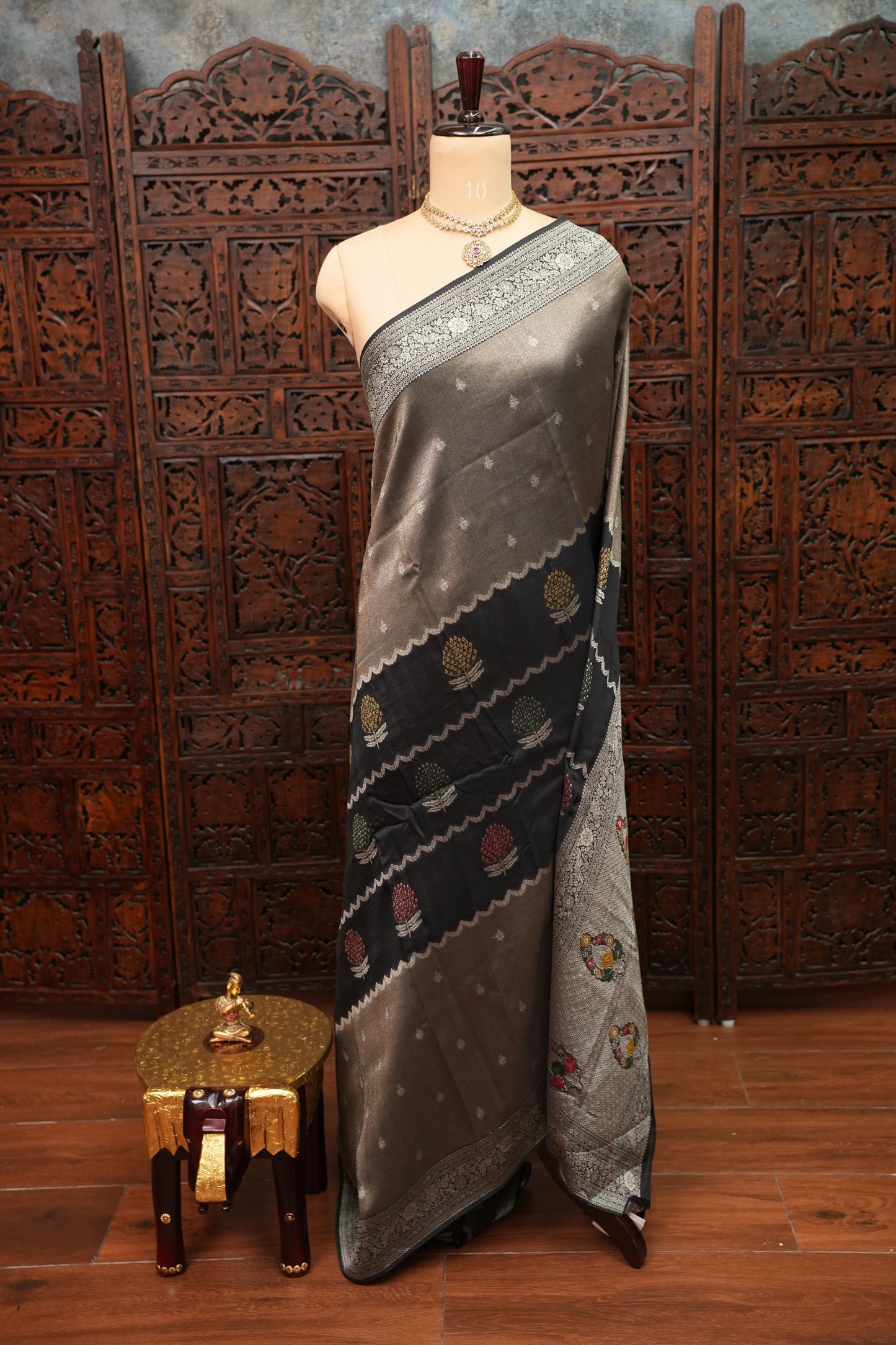 Mellow Tissue & Banarasi Fusion Saree with Meenakari Detailing – Black & Silver