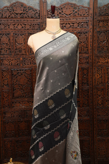 Mellow Tissue & Banarasi Fusion Saree with Meenakari Detailing – Black & Silver