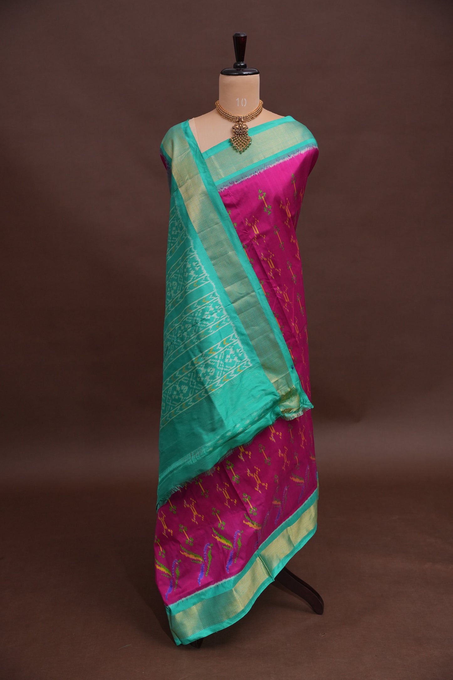 Pure Ikkat Soft Silk Saree - Magenta & Sea Green