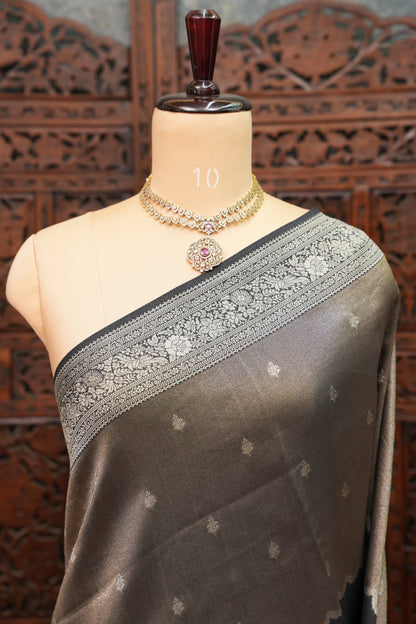 Mellow Tissue & Banarasi Fusion Saree with Meenakari Detailing – Black & Silver