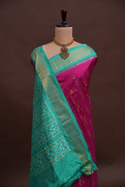 Pure Ikkat Soft Silk Saree - Magenta & Sea Green