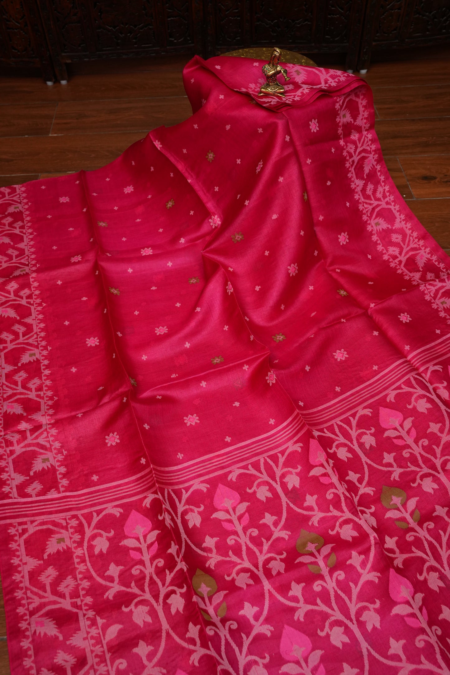 Pure Tussar Silk Saree with Jamdani Concept Weaving – Rani Pink | Silk Mark Certified