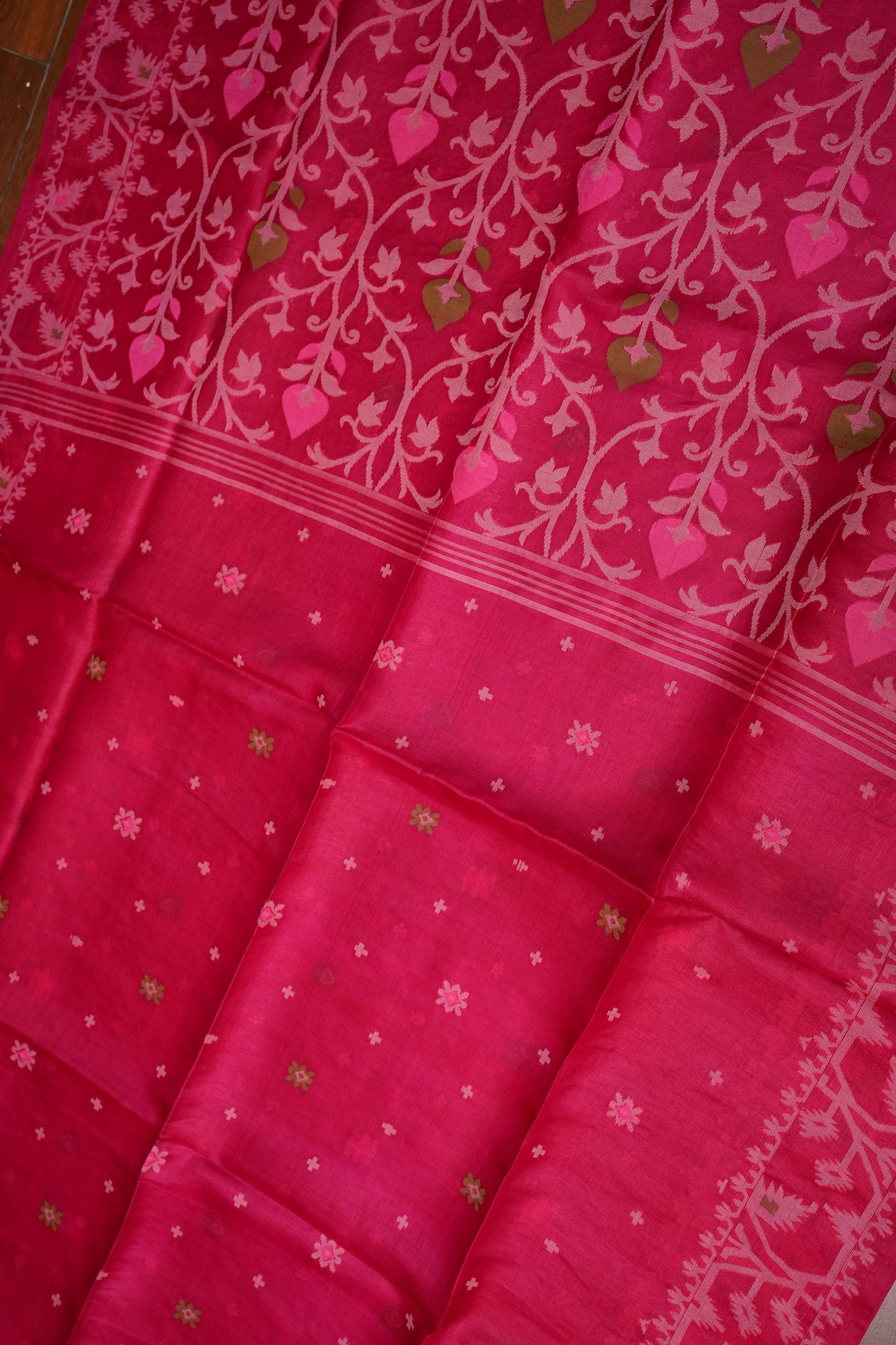 Pure Tussar Silk Saree with Jamdani Concept Weaving – Rani Pink | Silk Mark Certified