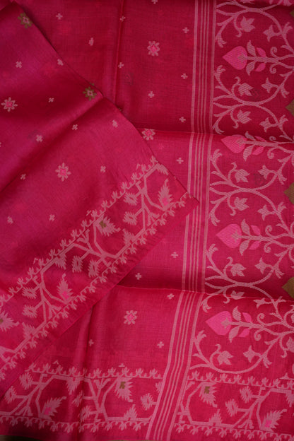 Pure Tussar Silk Saree with Jamdani Concept Weaving – Rani Pink | Silk Mark Certified