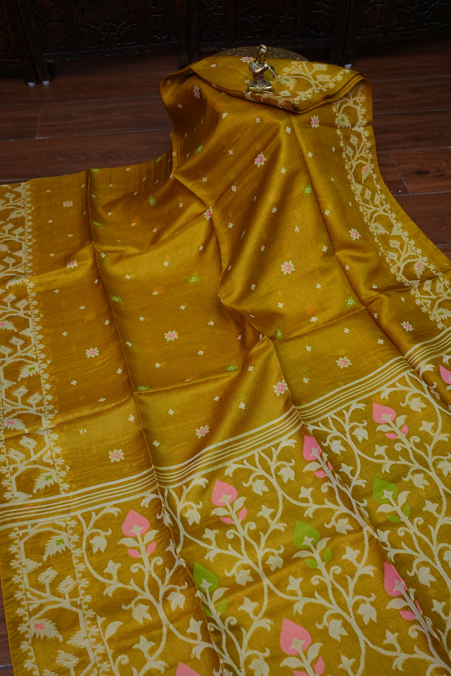 Pure Tussar Silk Saree with Jamdani Concept Weaving – Mustard Yellow | Silk Mark Certified