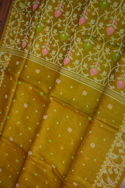 Pure Tussar Silk Saree with Jamdani Concept Weaving – Mustard Yellow | Silk Mark Certified