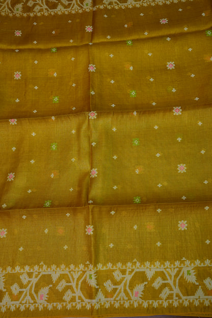 Pure Tussar Silk Saree with Jamdani Concept Weaving – Mustard Yellow | Silk Mark Certified