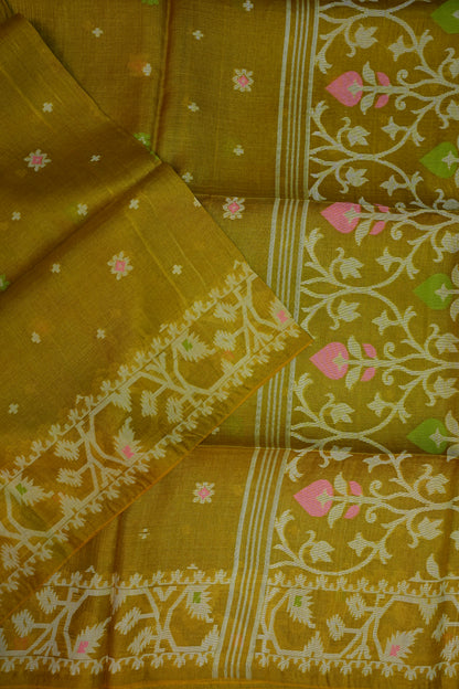 Pure Tussar Silk Saree with Jamdani Concept Weaving – Mustard Yellow | Silk Mark Certified