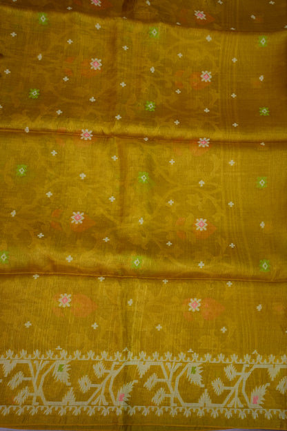 Pure Tussar Silk Saree with Jamdani Concept Weaving – Mustard Yellow | Silk Mark Certified