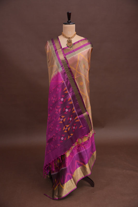 Pure Ikkat Soft Silk Saree - Gold & Pink