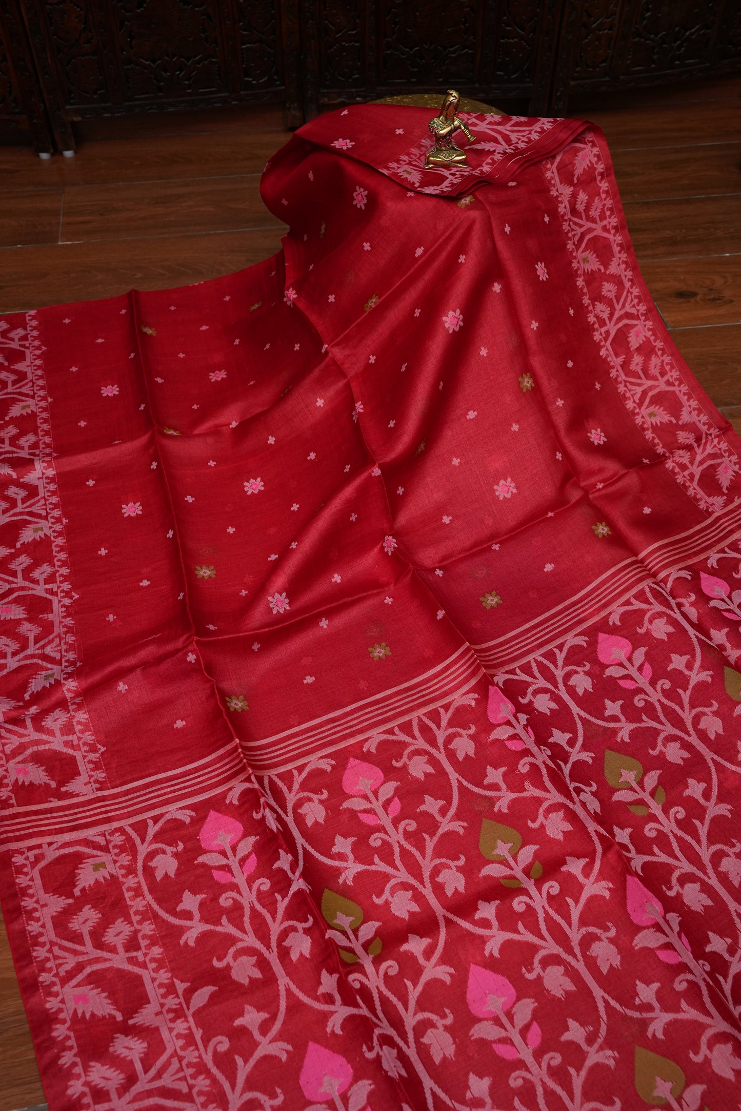 Pure Tussar Silk Saree with Jamdani Concept Weaving – Crimson Red | Silk Mark Certified