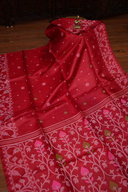 Pure Tussar Silk Saree with Jamdani Concept Weaving – Crimson Red | Silk Mark Certified