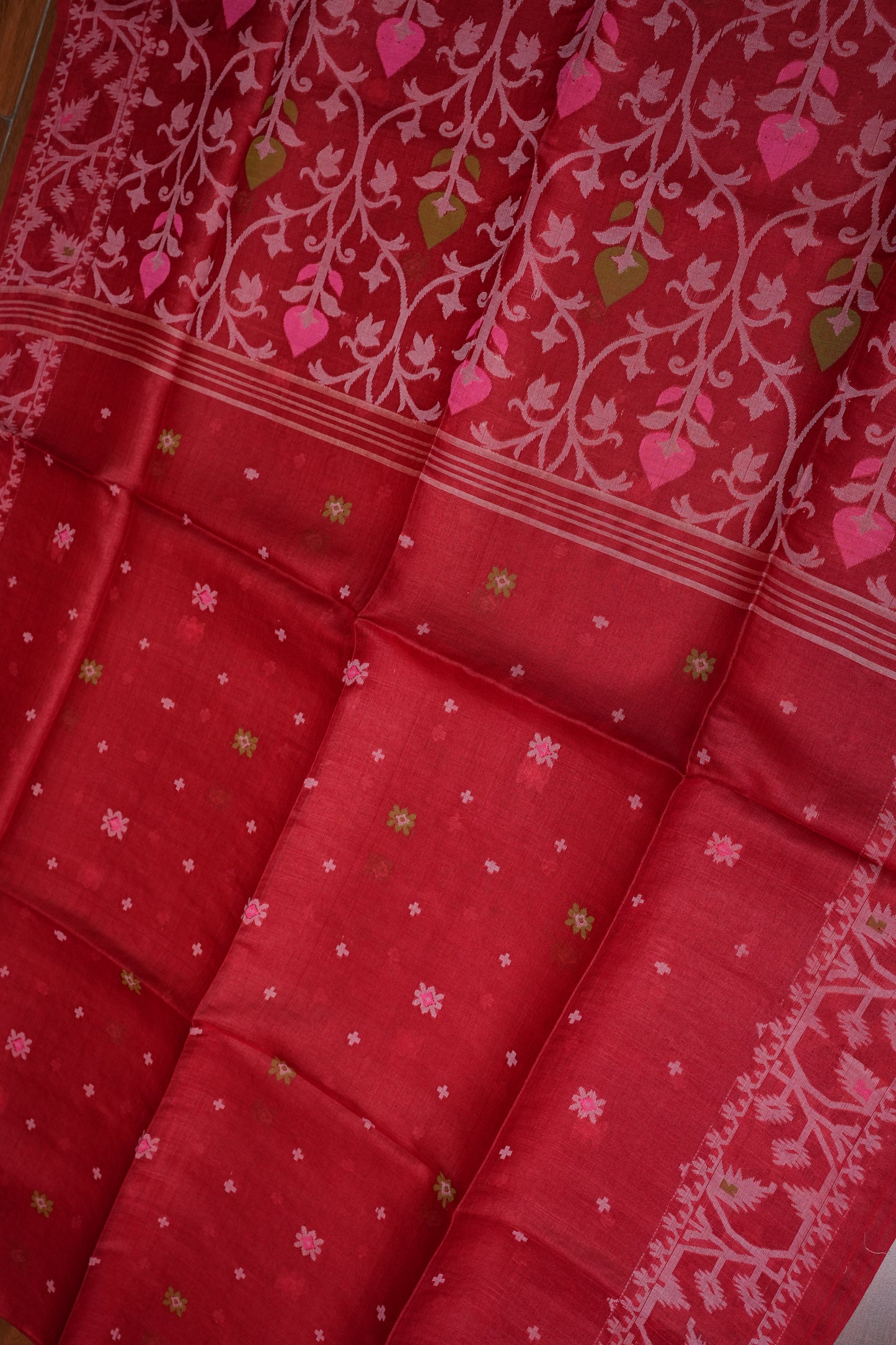 Pure Tussar Silk Saree with Jamdani Concept Weaving – Crimson Red | Silk Mark Certified