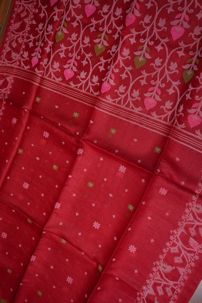 Pure Tussar Silk Saree with Jamdani Concept Weaving – Crimson Red | Silk Mark Certified