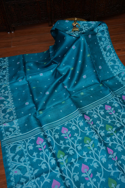 Pure Tussar Silk Saree with Jamdani Concept Weaving – Teal Blue | Silk Mark Certified