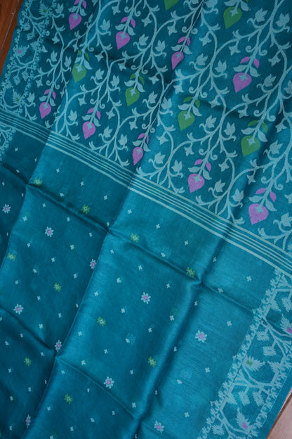 Pure Tussar Silk Saree with Jamdani Concept Weaving – Teal Blue | Silk Mark Certified