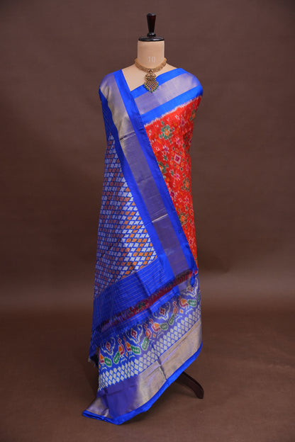 Pure Ikkat Soft Silk Saree - Red & Ink Blue