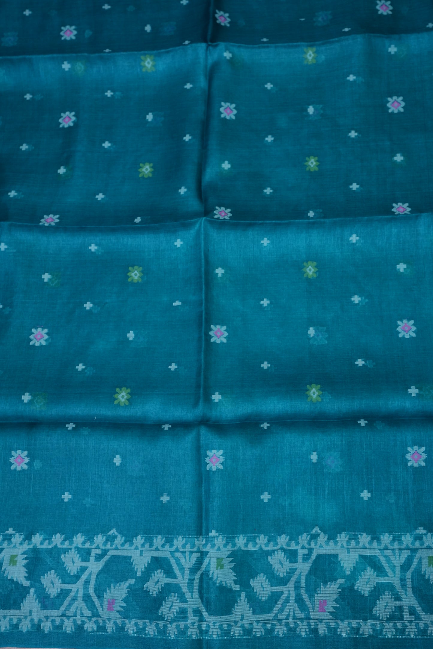 Pure Tussar Silk Saree with Jamdani Concept Weaving – Teal Blue | Silk Mark Certified