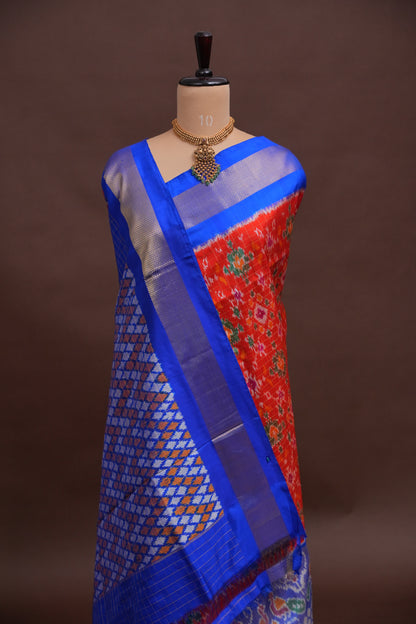 Pure Ikkat Soft Silk Saree - Red & Ink Blue