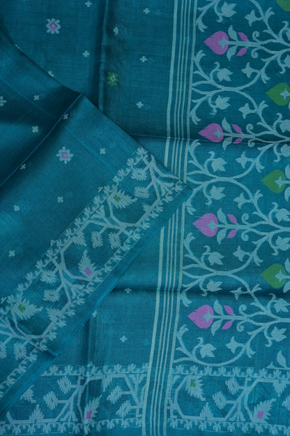 Pure Tussar Silk Saree with Jamdani Concept Weaving – Teal Blue | Silk Mark Certified