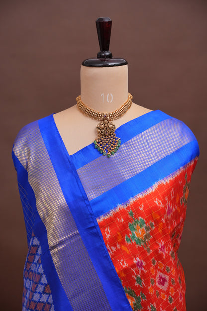 Pure Ikkat Soft Silk Saree - Red & Ink Blue