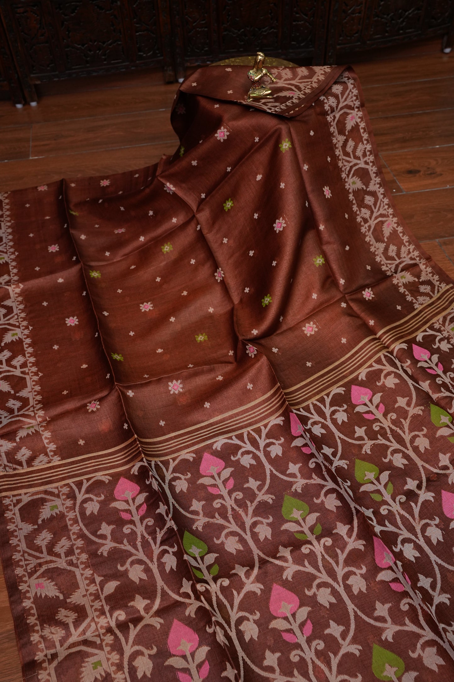 Pure Tussar Silk Saree with Jamdani Concept Weaving – Chocolate Brown | Silk Mark Certified