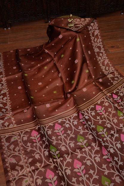 Pure Tussar Silk Saree with Jamdani Concept Weaving – Chocolate Brown | Silk Mark Certified