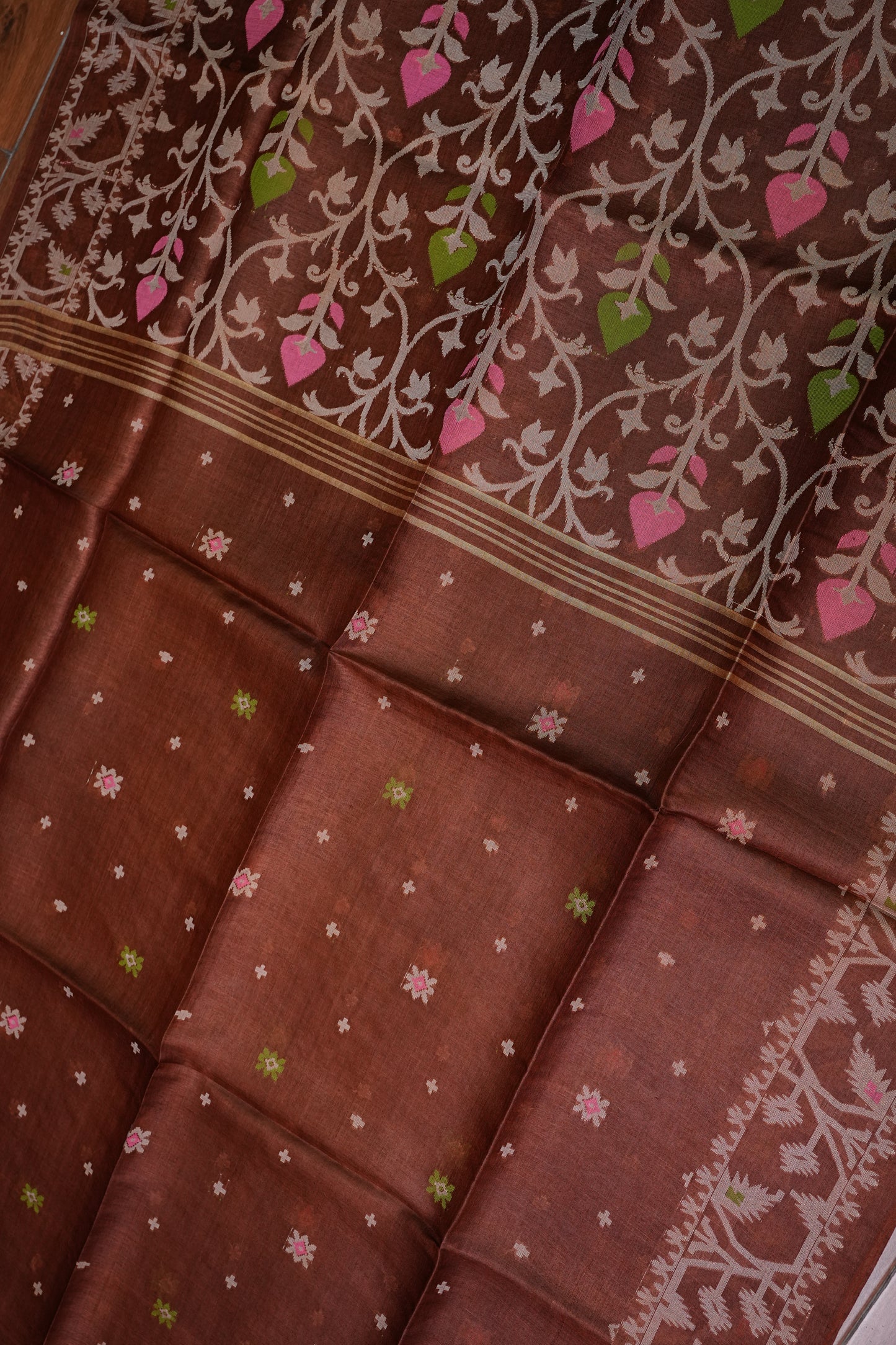 Pure Tussar Silk Saree with Jamdani Concept Weaving – Chocolate Brown | Silk Mark Certified