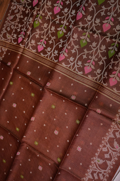 Pure Tussar Silk Saree with Jamdani Concept Weaving – Chocolate Brown | Silk Mark Certified