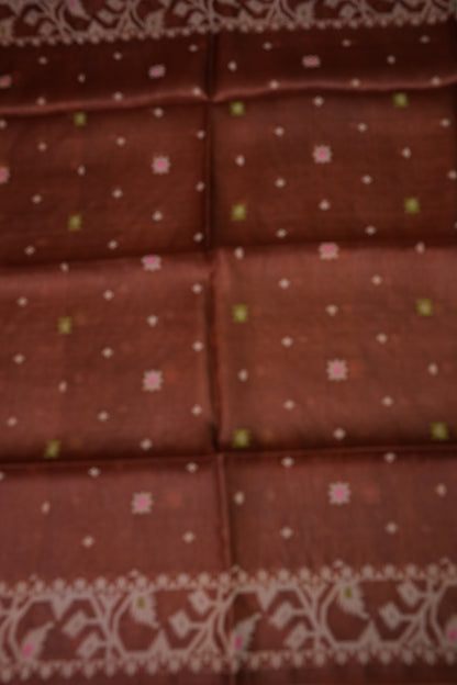 Pure Tussar Silk Saree with Jamdani Concept Weaving – Chocolate Brown | Silk Mark Certified