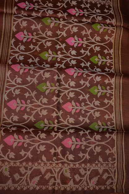 Pure Tussar Silk Saree with Jamdani Concept Weaving – Chocolate Brown | Silk Mark Certified
