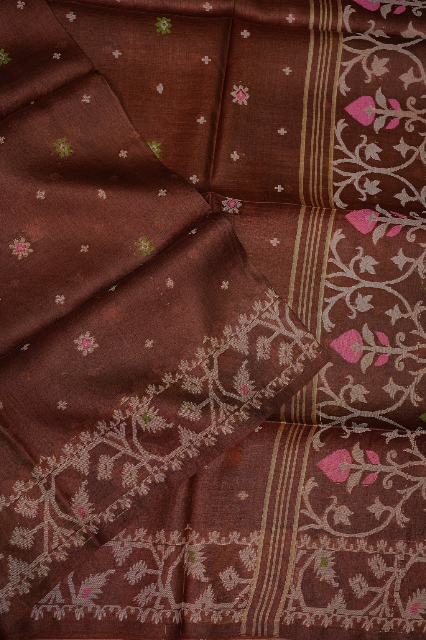 Pure Tussar Silk Saree with Jamdani Concept Weaving – Chocolate Brown | Silk Mark Certified