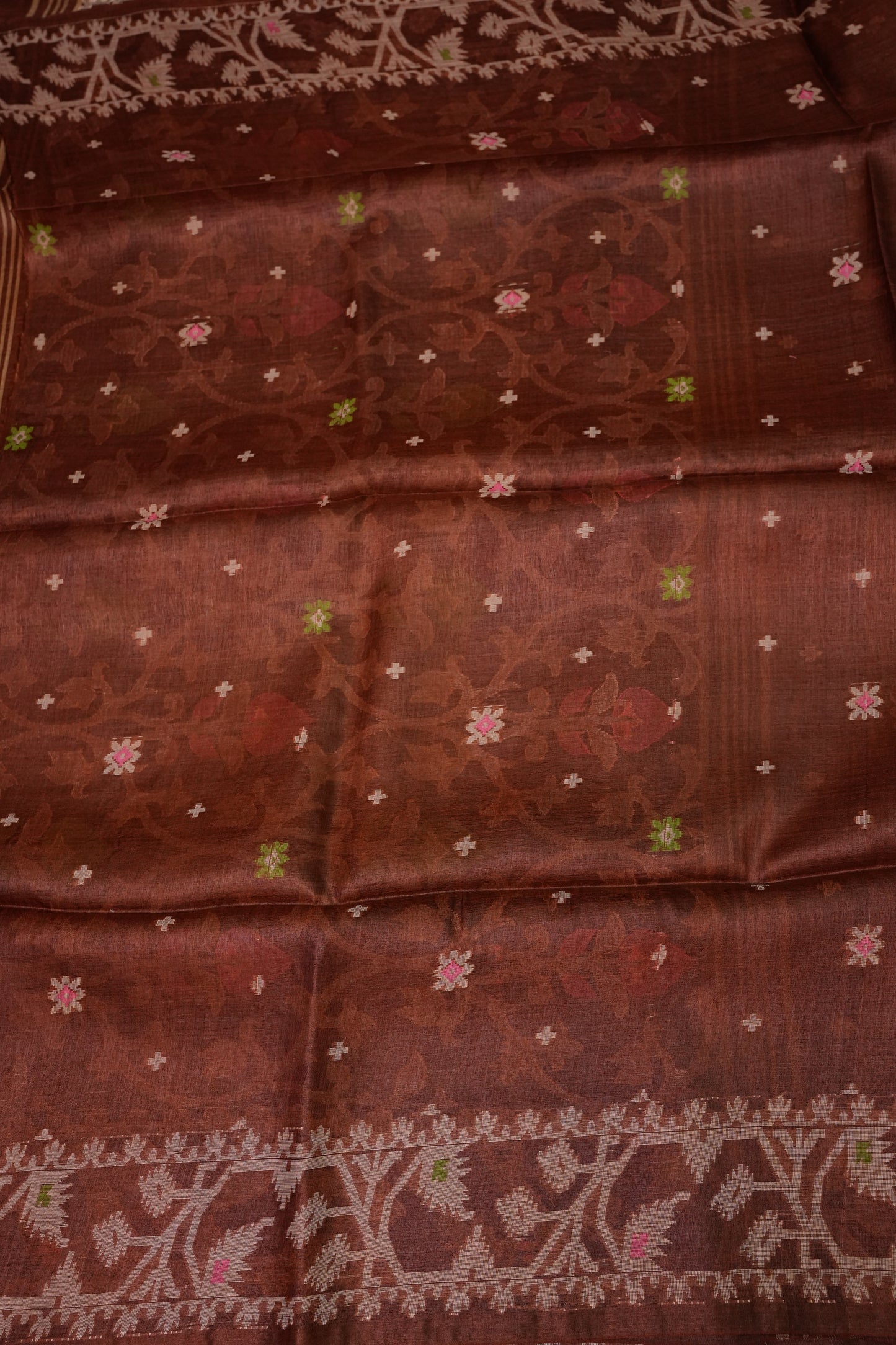 Pure Tussar Silk Saree with Jamdani Concept Weaving – Chocolate Brown | Silk Mark Certified