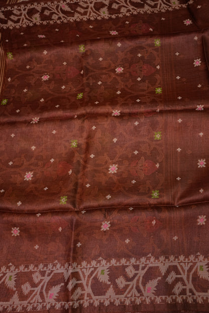 Pure Tussar Silk Saree with Jamdani Concept Weaving – Chocolate Brown | Silk Mark Certified