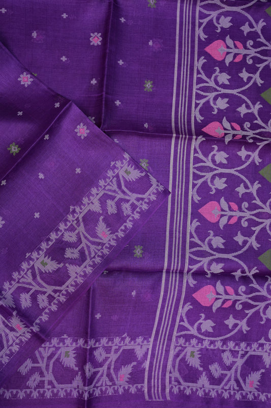 Pure Tussar Silk Saree with Jamdani Concept Weaving – Royal Purple | Silk Mark Certified