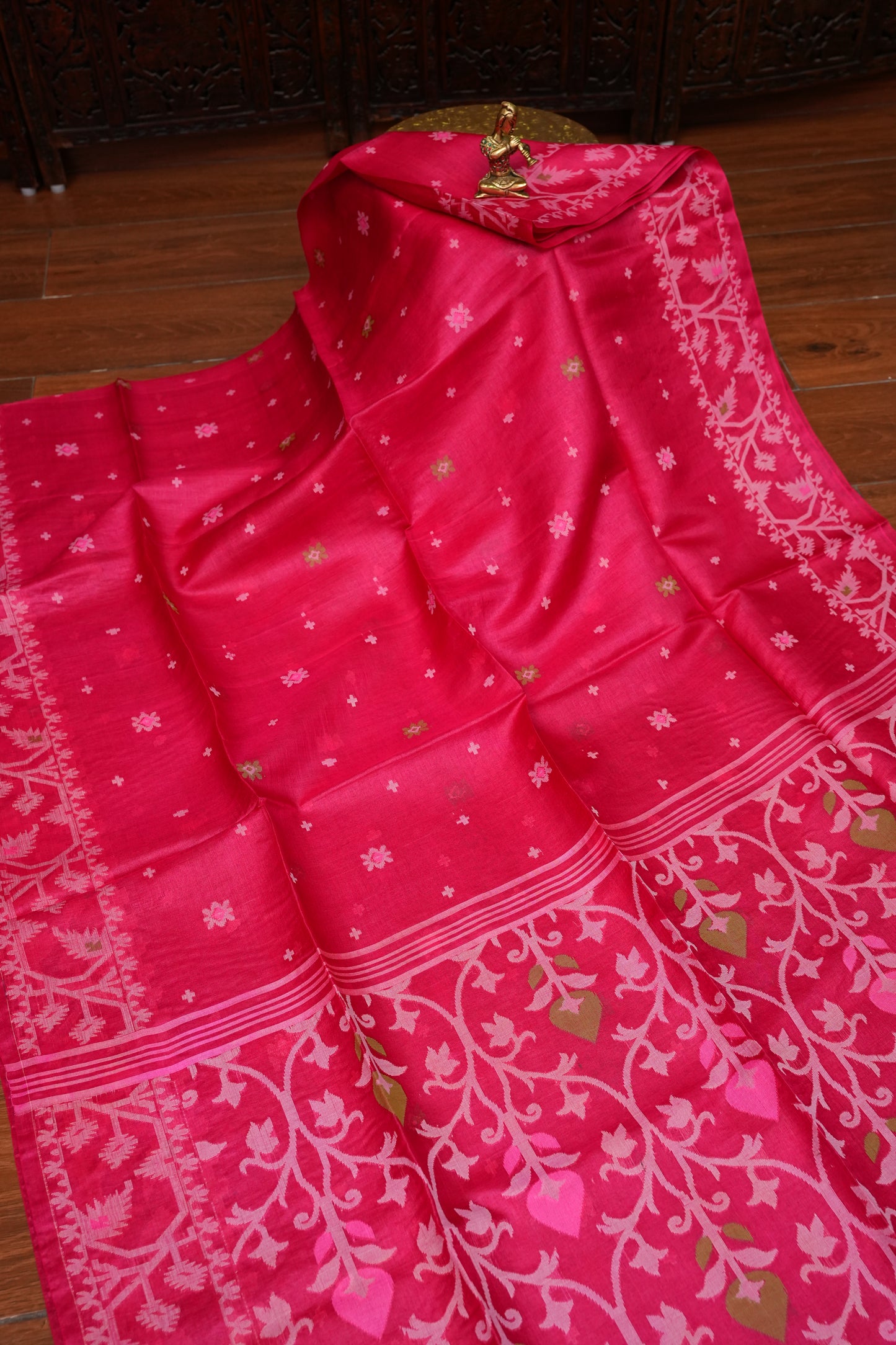 Pure Tussar Silk Saree with Jamdani Concept Weaving – Rani Pink | Silk Mark Certified