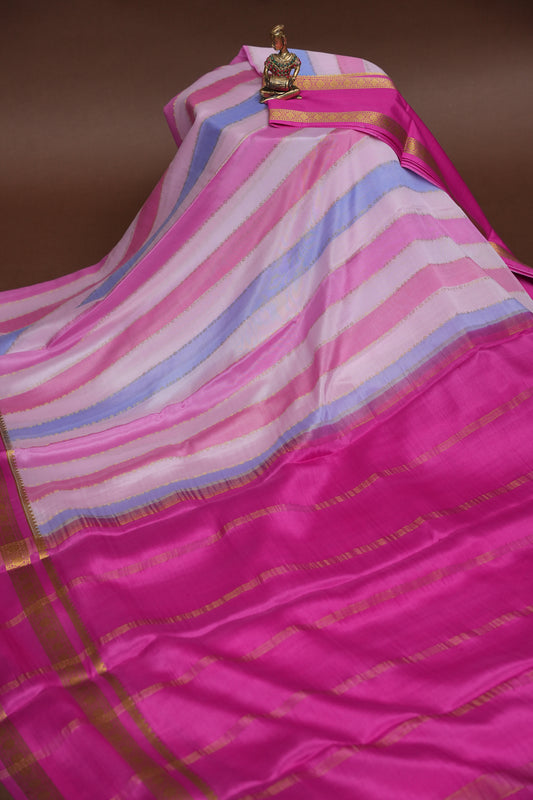 Pure Crepe Mysore Silk Saree - Pink & Powder Blue Pastel Stripes
