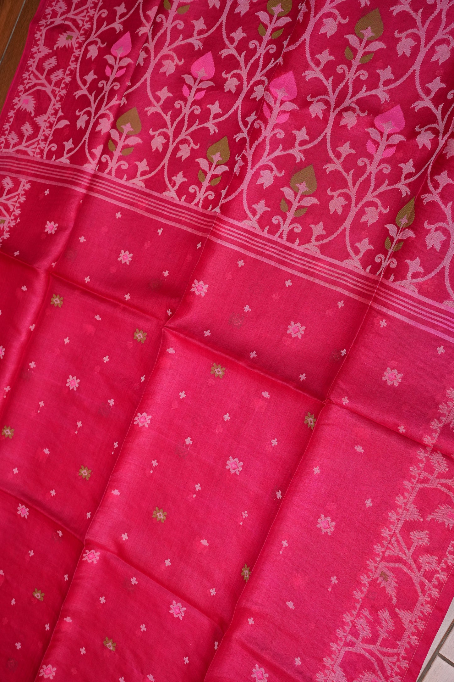Pure Tussar Silk Saree with Jamdani Concept Weaving – Rani Pink | Silk Mark Certified